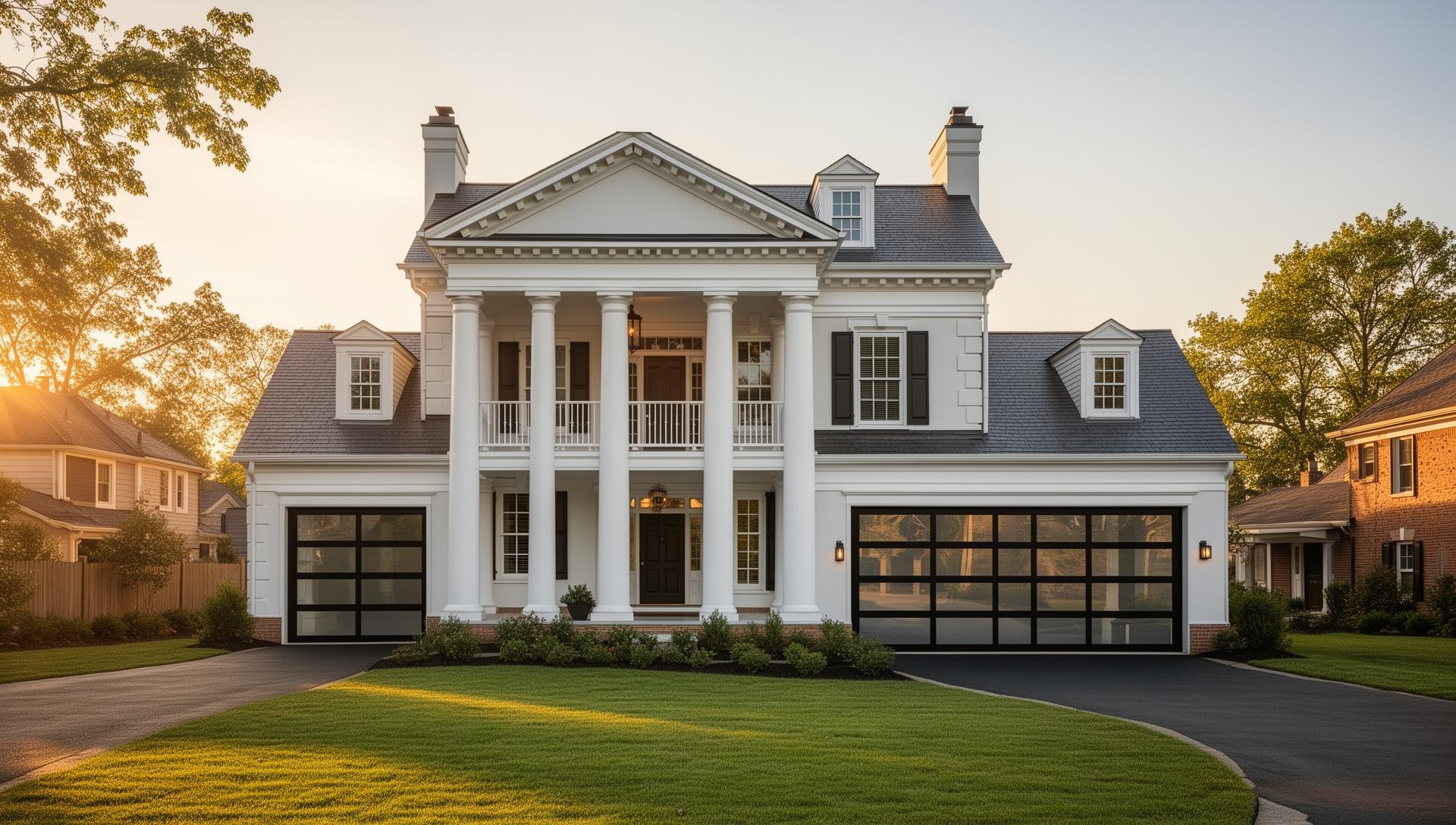 Beautiful Georgian mansion with modern glass and black aluminum garage doors in Macclesfield NC