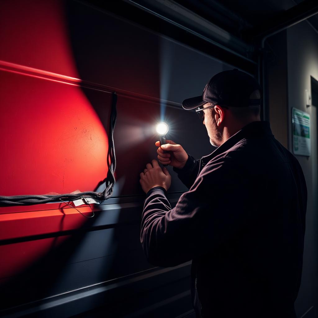 Emergency garage door repair service at night with technician