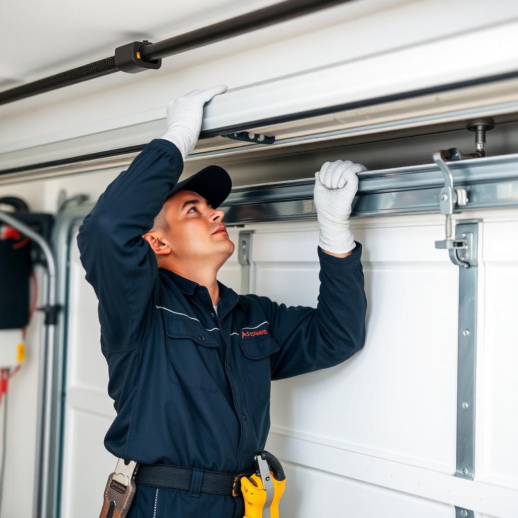 Professional technician installing new garage door panel in Macclesfield NC
