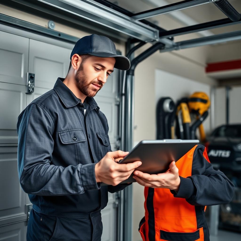 Professional technician performing garage door maintenance inspection with tablet