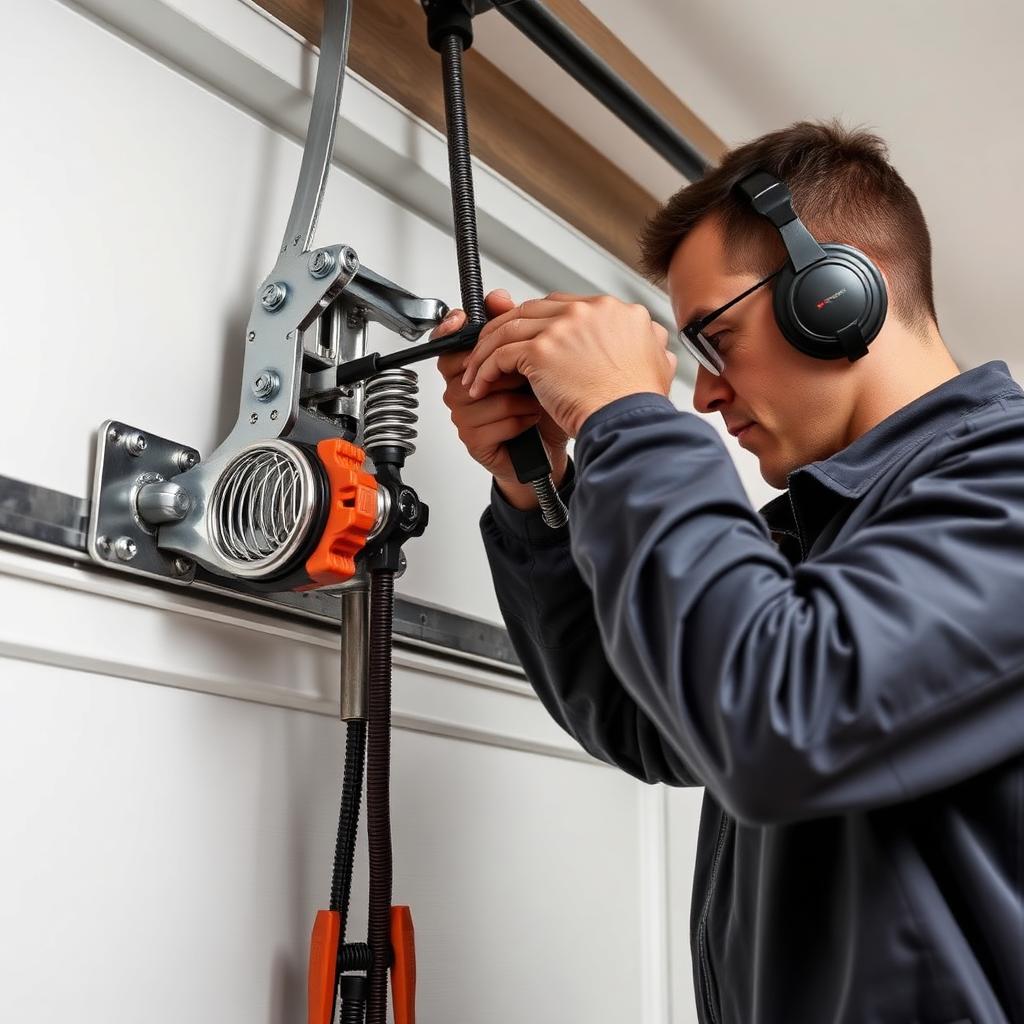 Technician repairing garage door springs and mechanisms